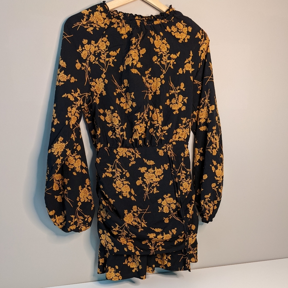 Black & Golden Yellow Floral Print Mini Dress